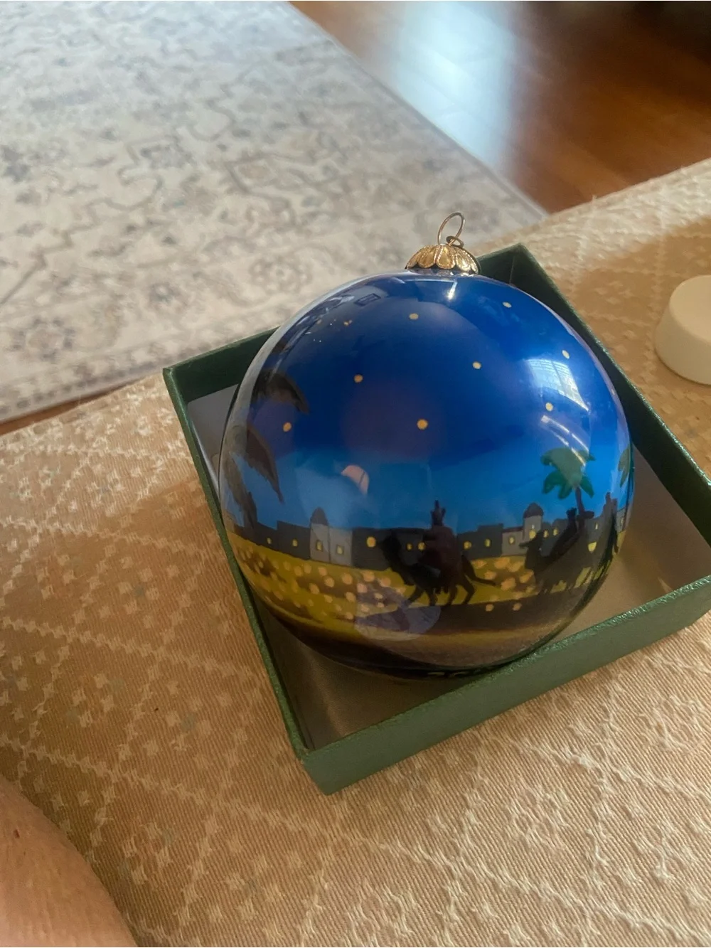 Pier 1 Blue Hand-Painted Palm Tree Glass Ornament in A Padded Box